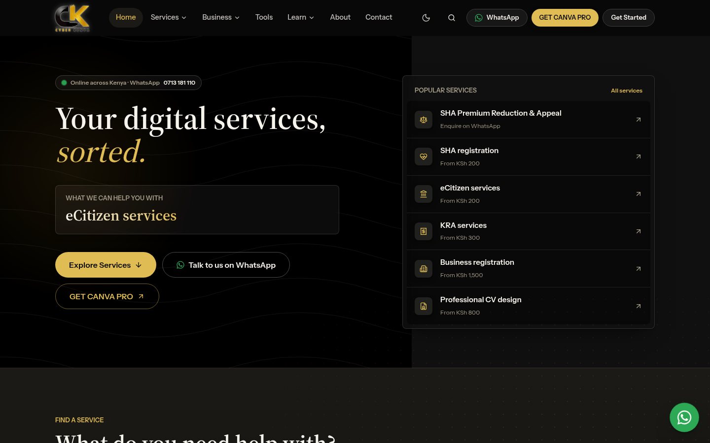 Cyber Kenya homepage with the headline “Your digital services, sorted.” and a list of popular services with starting prices